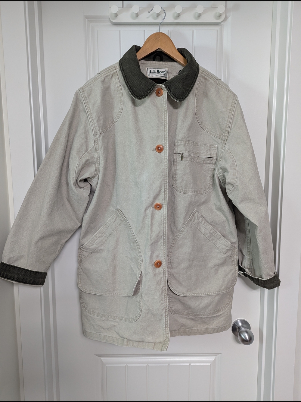 VTG L.L. Bean Barn Coat Canvas Chore Jacket Wool Lined Beige Green Size Large